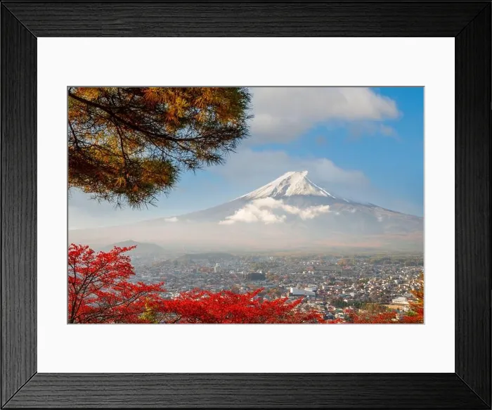 Framed Print : Fujiyoshida, Japan with fall foliage surrounding Mt. Fuji in autumn season Framed Print : Fujiyoshida, Japan with fall foliage surrounding Mt. Fuji in autumn season