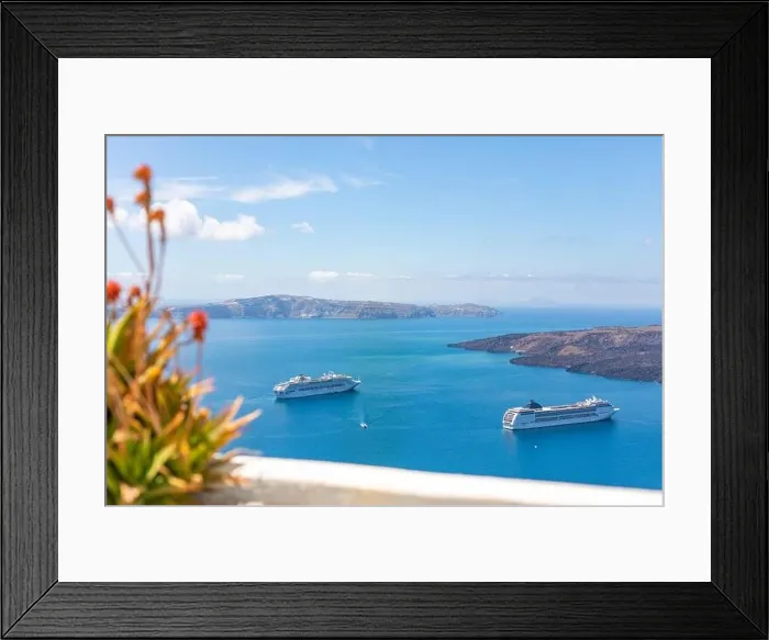 Framed Print : Cruise ships in Thira on Santorini island, Greece. Beautiful landscape with sea view. Cruise ships at the sea near the islands. Santorini island Framed Print : Cruise ships in Thira on Santorini island, Greece. Beautiful landscape with sea view. Cruise ships at the sea near the islands. Santorini island