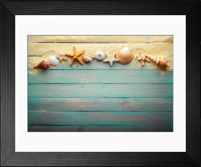 Framed Print : Vacations and summer time concept with starfish and sea shells on a turquoise wooden table with sand