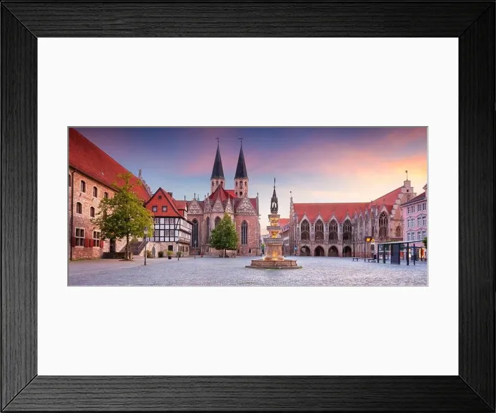 Framed Print : Brunswick, Germany. Panoramic cityscape image of historical downtown of Brunswick, Germany with St. Martini Church and Old Town Hall at summer sunset