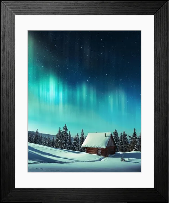 Framed Print : Fantastic winter landscape with wooden house in snowy mountains and northen light in night sky Framed Print : Fantastic winter landscape with wooden house in snowy mountains and northen light in night sky