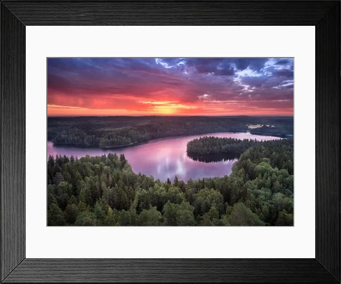 Framed Print : Scenic landscape with sunrise and lake at summer in national park Aulanko, Hämeenlinna, Finland Framed Print : Scenic landscape with sunrise and lake at summer in national park Aulanko, Hämeenlinna, Finland