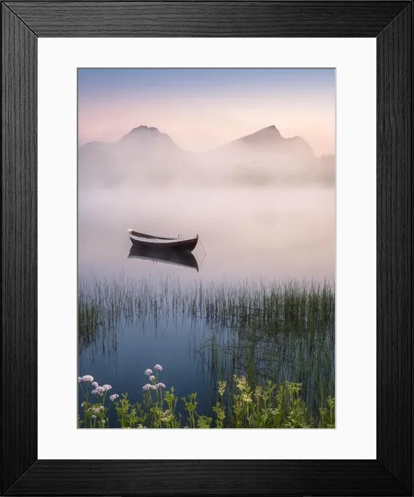 Framed Print : Very peaceful summer night with wooden boat and fog in Lofoten, Norway Framed Print : Very peaceful summer night with wooden boat and fog in Lofoten, Norway