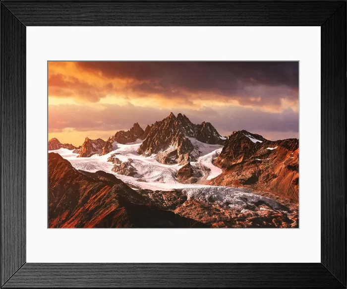 Framed Print : Mountains peaks sunset landscape. Mountain range with orange light Framed Print : Mountains peaks sunset landscape. Mountain range with orange light