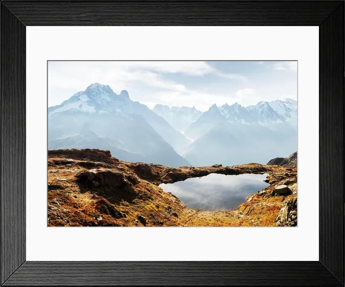 Framed Print : Colourful sunset on Chesery lake (Lac De Cheserys) in France Alps. Monte Bianco mountain range on background