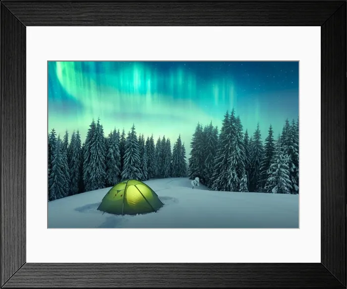 Framed Print : Aurora borealis. Northern lights in winter forest. Sky with polar lights and stars. Night winter landscape with aurora Framed Print : Aurora borealis. Northern lights in winter forest. Sky with polar lights and stars. Night winter landscape with aurora