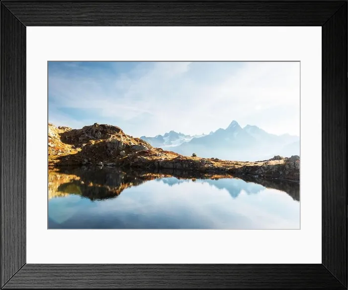 Framed Print : Colourful sunset on Chesery lake (Lac De Cheserys) in France Alps. Monte Bianco mountain range on background Framed Print : Colourful sunset on Chesery lake (Lac De Cheserys) in France Alps. Monte Bianco mountain range on background