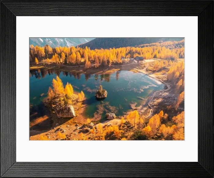 Framed Print : Drone flight over Federa Lake in sunrise time. Autumn mountains landscape with Lago di Federa and bright orange larches in the Dolomite Apls Framed Print : Drone flight over Federa Lake in sunrise time. Autumn mountains landscape with Lago di Federa and bright orange larches in the Dolomite Apls
