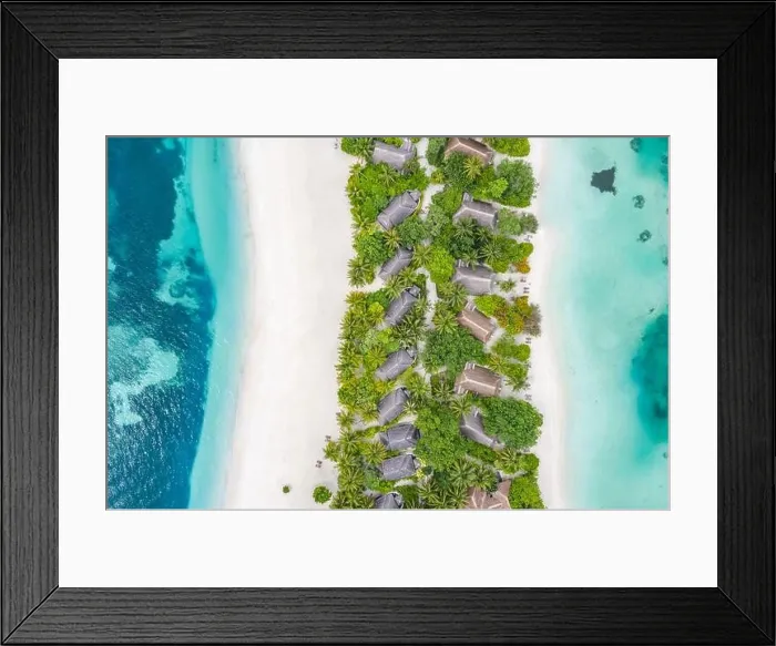Framed Print : Aerial view on Maldives island. Luxury tropical resort or hotel with beach villas and beautiful beach scenery, coral reef and white sandy landscape