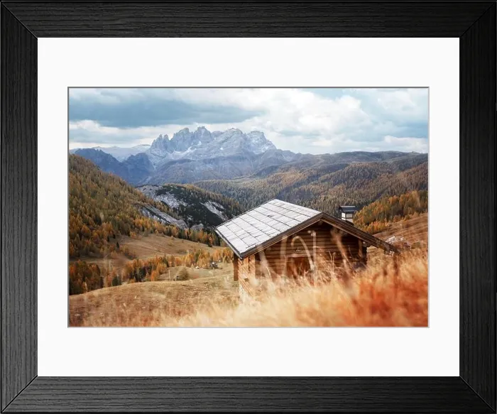 Framed Print : Incredible autumn view at Valfreda valley in Italian Dolomite Alps. Wooden cabin, yellow grass Framed Print : Incredible autumn view at Valfreda valley in Italian Dolomite Alps. Wooden cabin, yellow grass