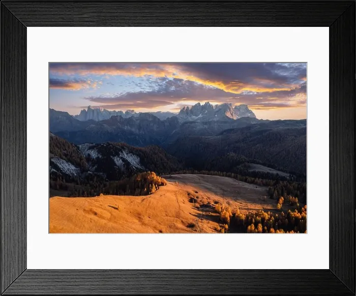 Framed Print : Incredible autumn view at Valfreda valley in Italian Dolomite Alps. Yellow grass, orange larches forest and snowy mountains peaks on background Framed Print : Incredible autumn view at Valfreda valley in Italian Dolomite Alps. Yellow grass, orange larches forest and snowy mountains peaks on background
