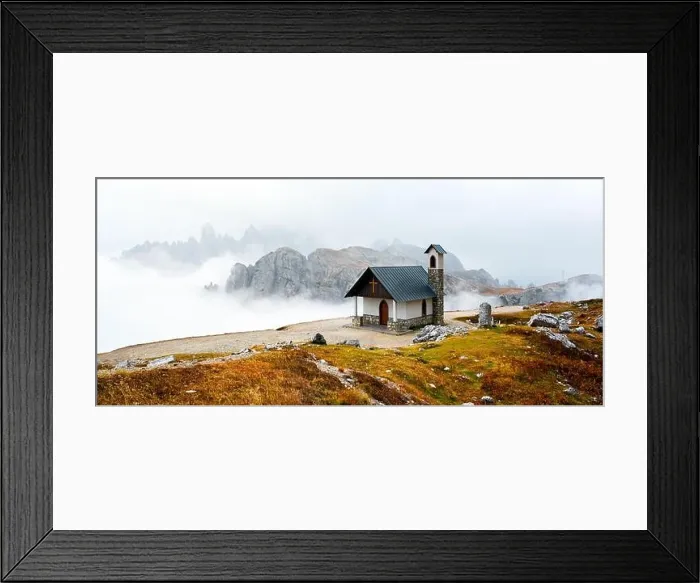 Framed Print : Incredible view on small chapel in the Tre Cime Di Laveredo National Park in morning fog. Dolomite Alps mountains, Trentino Alto Adige region Framed Print : Incredible view on small chapel in the Tre Cime Di Laveredo National Park in morning fog. Dolomite Alps mountains, Trentino Alto Adige region