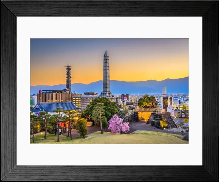 Framed Print : Kofu, Yamanashi, Japan downtown cityscape and monument tower Framed Print : Kofu, Yamanashi, Japan downtown cityscape and monument tower