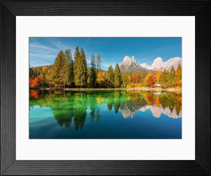 Framed Print : Picturesque view at autumn Welsperg lake in Dolomite Alps. Canali Valley, Primiero San Martino di Castrozza, Province of Trento, Italy Framed Print : Picturesque view at autumn Welsperg lake in Dolomite Alps. Canali Valley, Primiero San Martino di Castrozza, Province of Trento, Italy