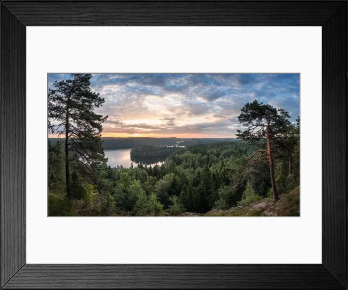 Framed Print : Scenic view with lake and sunset at summer morning in National Park Aulanko, Hämeenlinna, Finland Framed Print : Scenic view with lake and sunset at summer morning in National Park Aulanko, Hämeenlinna, Finland