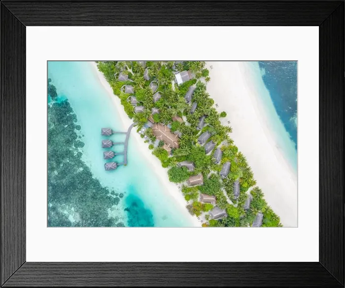 Framed Print : Amazing bird eyes view in Maldives, landscape seascape aerial view over a Maldives. Landscape, luxury tropical resort or hotel with water villas beach Framed Print : Amazing bird eyes view in Maldives, landscape seascape aerial view over a Maldives. Landscape, luxury tropical resort or hotel with water villas beach