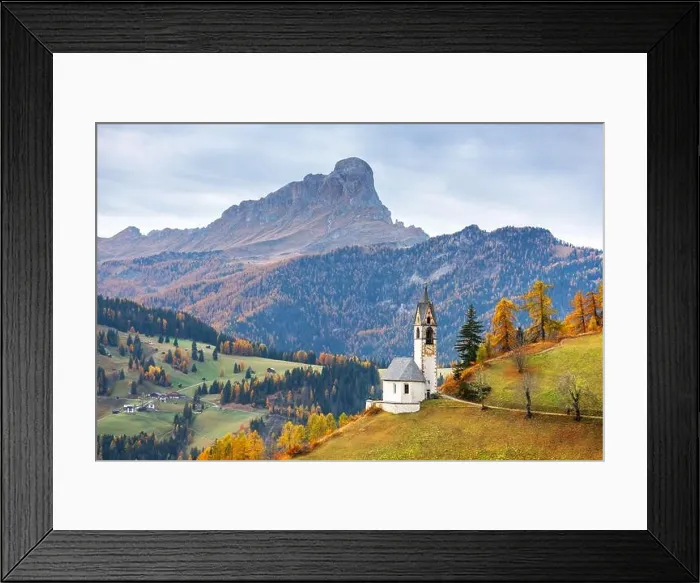 Framed Print : Santa Barbara church at the autumn Dolomite Alps. Amazing landscape with small chapel on sunny meadow at San Genesio village location Framed Print : Santa Barbara church at the autumn Dolomite Alps. Amazing landscape with small chapel on sunny meadow at San Genesio village location