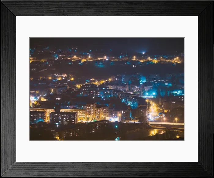 Framed Print : Gori, Shida Kartli Region, Georgia. Cityscape With Night Streets In Bright Yellow Evening Illumination In Twilight. Aerial View Of City Framed Print : Gori, Shida Kartli Region, Georgia. Cityscape With Night Streets In Bright Yellow Evening Illumination In Twilight. Aerial View Of City