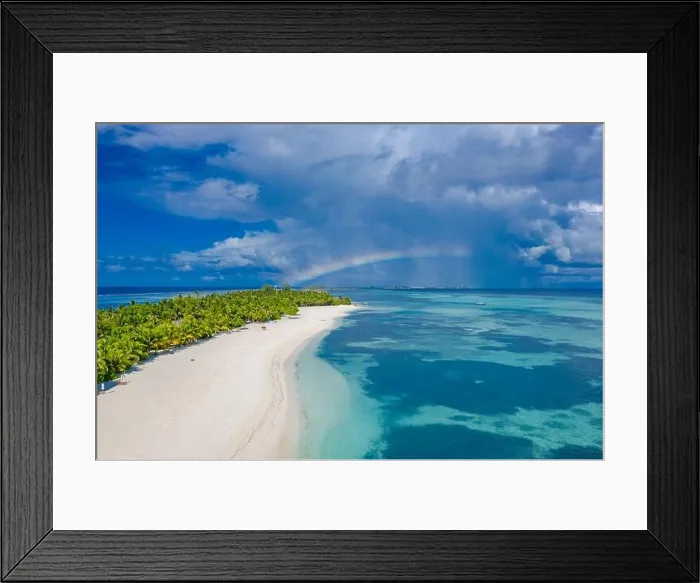 Framed Print : Sky and sea with aerial island landscape rainbow. Fantastic aerial landscape in Maldives islands, stormy clouds with rainbow and amazing sea view Framed Print : Sky and sea with aerial island landscape rainbow. Fantastic aerial landscape in Maldives islands, stormy clouds with rainbow and amazing sea view