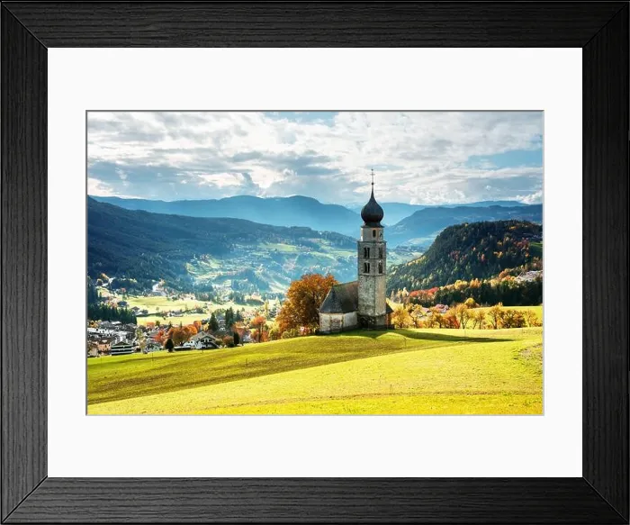 Framed Print : St. Valentin (Kastelruth) Village Church at the autumn Dolomite Alps. Amazing landscape with small chapel on sunny meadow Framed Print : St. Valentin (Kastelruth) Village Church at the autumn Dolomite Alps. Amazing landscape with small chapel on sunny meadow