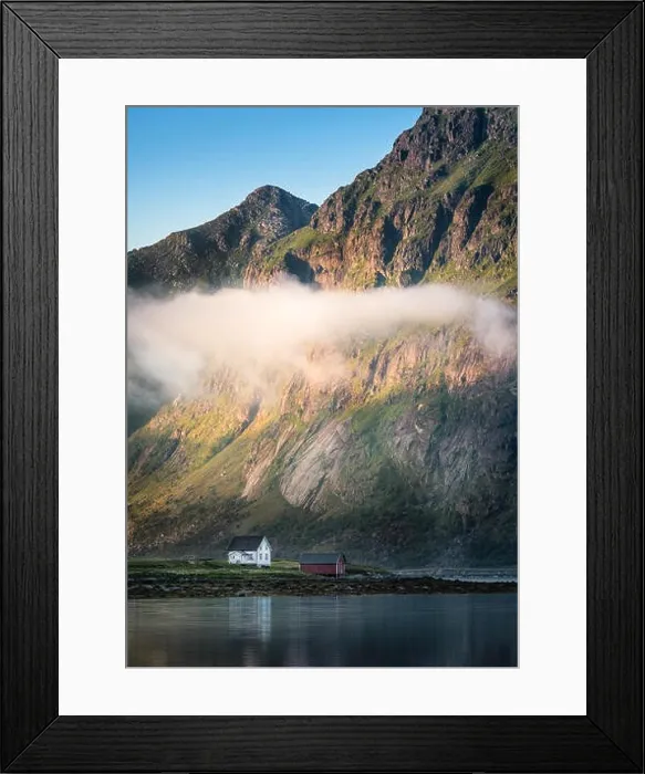 Framed Print : Scenic view with idyllic house and mountains at summer evening in Lofoten, Norway Framed Print : Scenic view with idyllic house and mountains at summer evening in Lofoten, Norway
