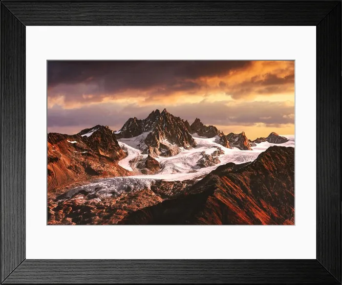 Framed Print : Alpine mountain landscape with glacier and peaks covered by snow Framed Print : Alpine mountain landscape with glacier and peaks covered by snow