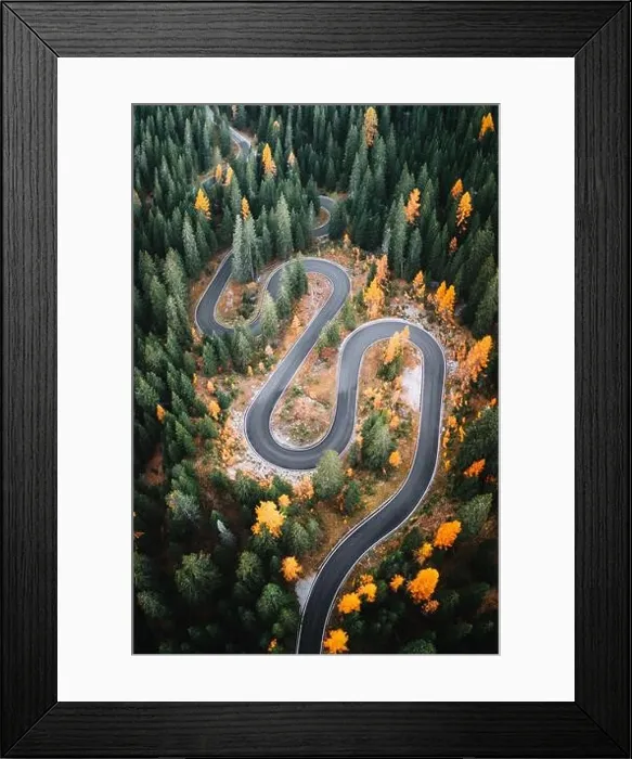 Framed Print : Top aerial view of famous Snake road near Passo Giau in Dolomite Alps. Winding mountains road in lush forest with orange larch trees Framed Print : Top aerial view of famous Snake road near Passo Giau in Dolomite Alps. Winding mountains road in lush forest with orange larch trees