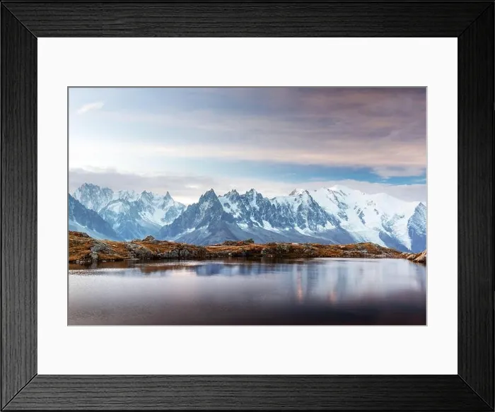 Framed Print : Incredible view of clear water and sky reflection on Chesery lake (Lac De Cheserys) in France Alps. Monte Bianco mountains range on background Framed Print : Incredible view of clear water and sky reflection on Chesery lake (Lac De Cheserys) in France Alps. Monte Bianco mountains range on background