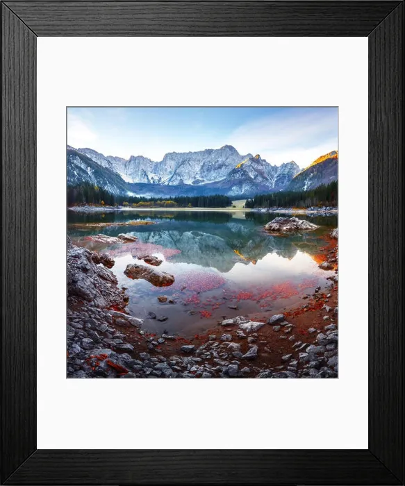 Framed Print : Colorful sunrise on Fusine lake. Picturesque autumn scene with Mangart peak on background. Julian Alps, Udine Province, Italy Framed Print : Colorful sunrise on Fusine lake. Picturesque autumn scene with Mangart peak on background. Julian Alps, Udine Province, Italy