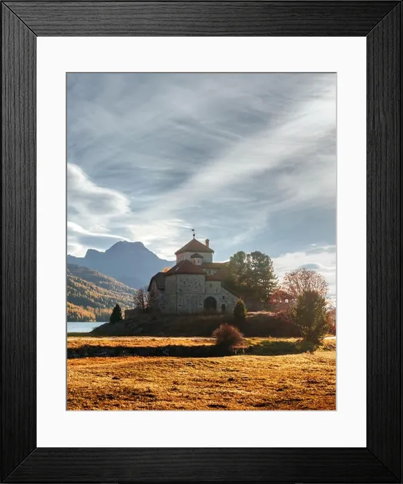 Framed Print : Amazing autumn sunny day at Champferersee lake in the Swiss Alps. Castle of Crap da Sass, Silvaplana village, Switzerland, Europe Framed Print : Amazing autumn sunny day at Champferersee lake in the Swiss Alps. Castle of Crap da Sass, Silvaplana village, Switzerland, Europe