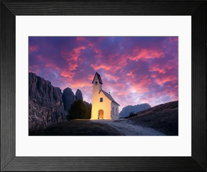 Framed Print : Incredible view on small iIlluminated chapel - Kapelle Ciapela on Gardena Pass, Italian Dolomites mountains. Colorful sunset in Dolomite Alps, Italy Framed Print : Incredible view on small iIlluminated chapel - Kapelle Ciapela on Gardena Pass, Italian Dolomites mountains. Colorful sunset in Dolomite Alps, Italy