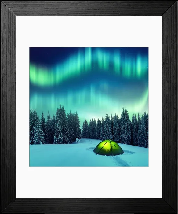 Framed Print : Aurora borealis. Northern lights in winter forest. Sky with polar lights and stars. Night winter landscape with aurora Framed Print : Aurora borealis. Northern lights in winter forest. Sky with polar lights and stars. Night winter landscape with aurora