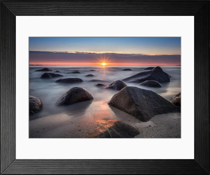 Framed Print : Scenic view from beach with stones and sunset at summer night in Lofoten, Norway