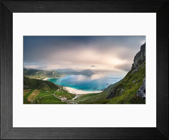 Framed Print : Scenic view from beach with turquoise water and mountains at beautiful summer day in Kvalvika beach, Lofoten, Norway Framed Print : Scenic view from beach with turquoise water and mountains at beautiful summer day in Kvalvika beach, Lofoten, Norway
