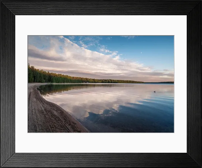 Framed Print : Sunset on beach with mood light At summer evening in Nurmijärvi, Finland Framed Print : Sunset on beach with mood light At summer evening in Nurmijärvi, Finland