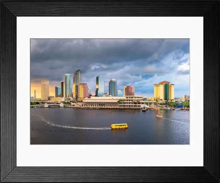 Framed Print : Tampa, Florida, USA downtown skyline on the bay at dusk with water traffic Framed Print : Tampa, Florida, USA downtown skyline on the bay at dusk with water traffic
