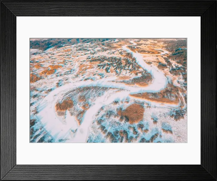 Framed Print : Aerial view forest woods and river landscape in winter day. Bird's eye view of small island and curved river landscape in winter day. Top view of