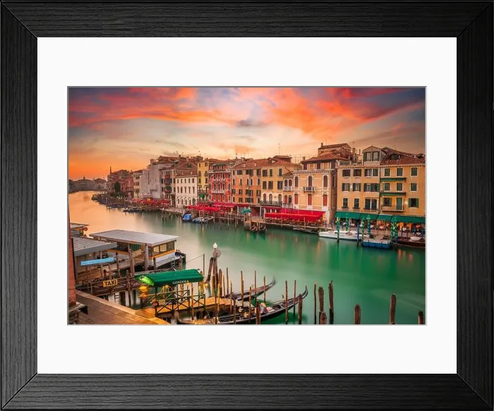Framed Print : Venice, Italy overlooking boats and gondolas in the Grand Canal at dusk. (Sign reading in Italian No Mafia Venezia e Sacra translates in English to Framed Print : Venice, Italy overlooking boats and gondolas in the Grand Canal at dusk. (Sign reading in Italian No Mafia Venezia e Sacra translates in English to