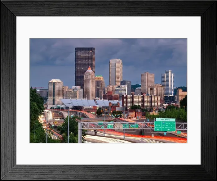 Framed Print : Pittsburgh, Pennsylvania, USA downtown city skyline over looking highways at dusk Framed Print : Pittsburgh, Pennsylvania, USA downtown city skyline over looking highways at dusk