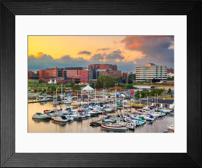 Framed Print : Erie, Pennsylvania, USA downtown on the bayfront at dusk Framed Print : Erie, Pennsylvania, USA downtown on the bayfront at dusk