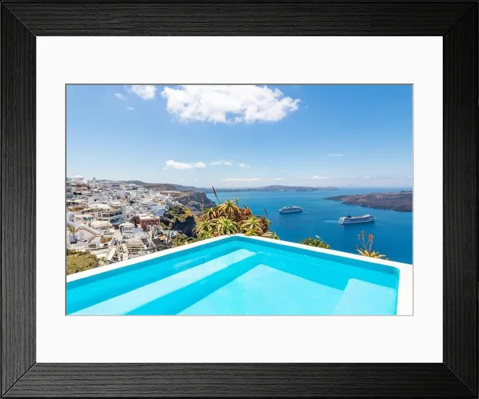Framed Print : Luxury summer travel and vacation landscape. Swimming pool with sea view. White architecture on Santorini island, Greece. Beautiful landscape with sea