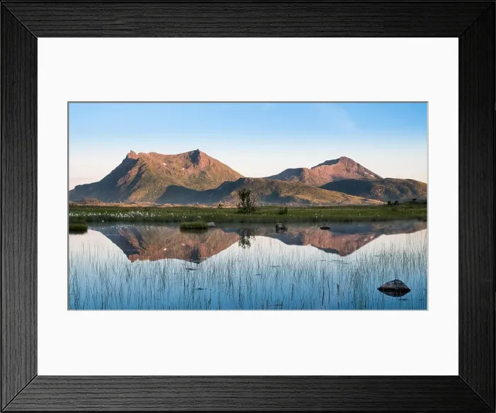 Framed Print : Scenic mountain landscape with nice reflection at bright summer day in Lofoten, Norway