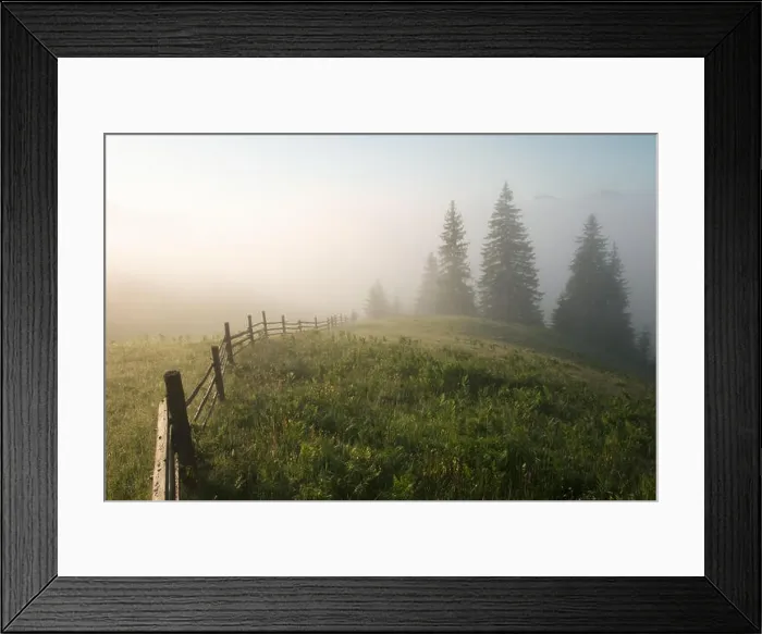 Framed Print : Mountain valley during sunrise. Woden fence on foggy meadow. Located place: Carpathians, Ukraine, Europe Framed Print : Mountain valley during sunrise. Woden fence on foggy meadow. Located place: Carpathians, Ukraine, Europe