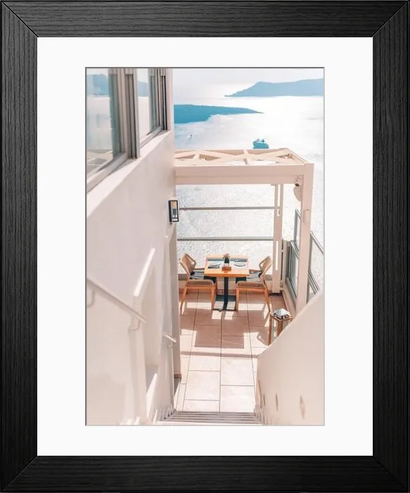 Framed Print : White wash staircases on Santorini Island, Greece. The view toward Caldera sea with cruise ship awaiting. Luxury summer travel, dream vacation Framed Print : White wash staircases on Santorini Island, Greece. The view toward Caldera sea with cruise ship awaiting. Luxury summer travel, dream vacation