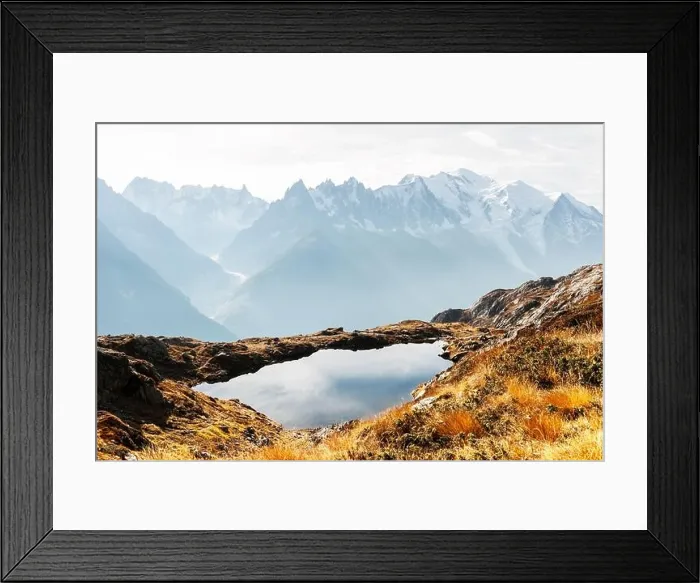 Framed Print : Colourful sunset on Chesery lake (Lac De Cheserys) in France Alps. Monte Bianco mountain range on background Framed Print : Colourful sunset on Chesery lake (Lac De Cheserys) in France Alps. Monte Bianco mountain range on background