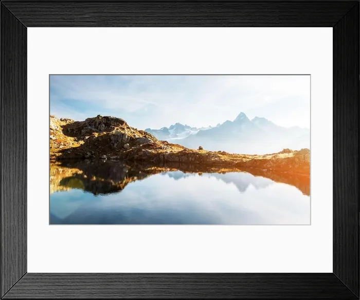 Framed Print : Colourful sunset on Chesery lake (Lac De Cheserys) in France Alps. Monte Bianco mountain range on background Framed Print : Colourful sunset on Chesery lake (Lac De Cheserys) in France Alps. Monte Bianco mountain range on background