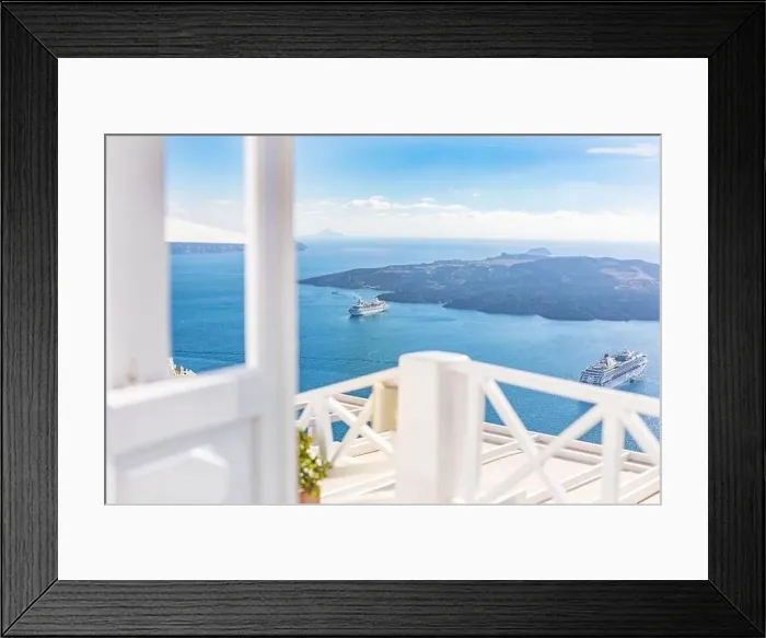 Framed Print : White wash staircases on Santorini Island, Greece. The view toward Caldera sea with cruise ship awaiting. Luxury summer travel, dream vacation Framed Print : White wash staircases on Santorini Island, Greece. The view toward Caldera sea with cruise ship awaiting. Luxury summer travel, dream vacation