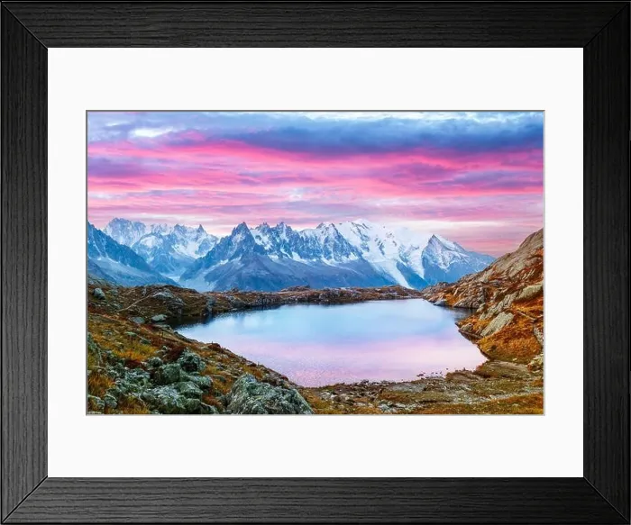 Framed Print : Colourful sunset on Chesery lake (Lac De Cheserys) in France Alps. Monte Bianco mountain range on background Framed Print : Colourful sunset on Chesery lake (Lac De Cheserys) in France Alps. Monte Bianco mountain range on background