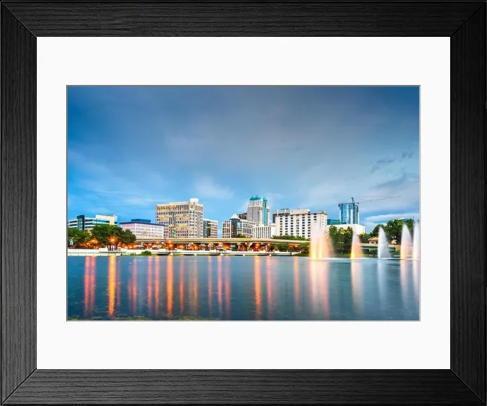 Framed Print : Orlando, Florida, USA aerial cityscape towards Lake Eola at dusk