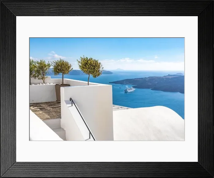 Framed Print : White wash staircases on Santorini Island, Greece. The view toward Caldera sea with cruise ship awaiting. Luxury summer travel, dream vacation Framed Print : White wash staircases on Santorini Island, Greece. The view toward Caldera sea with cruise ship awaiting. Luxury summer travel, dream vacation